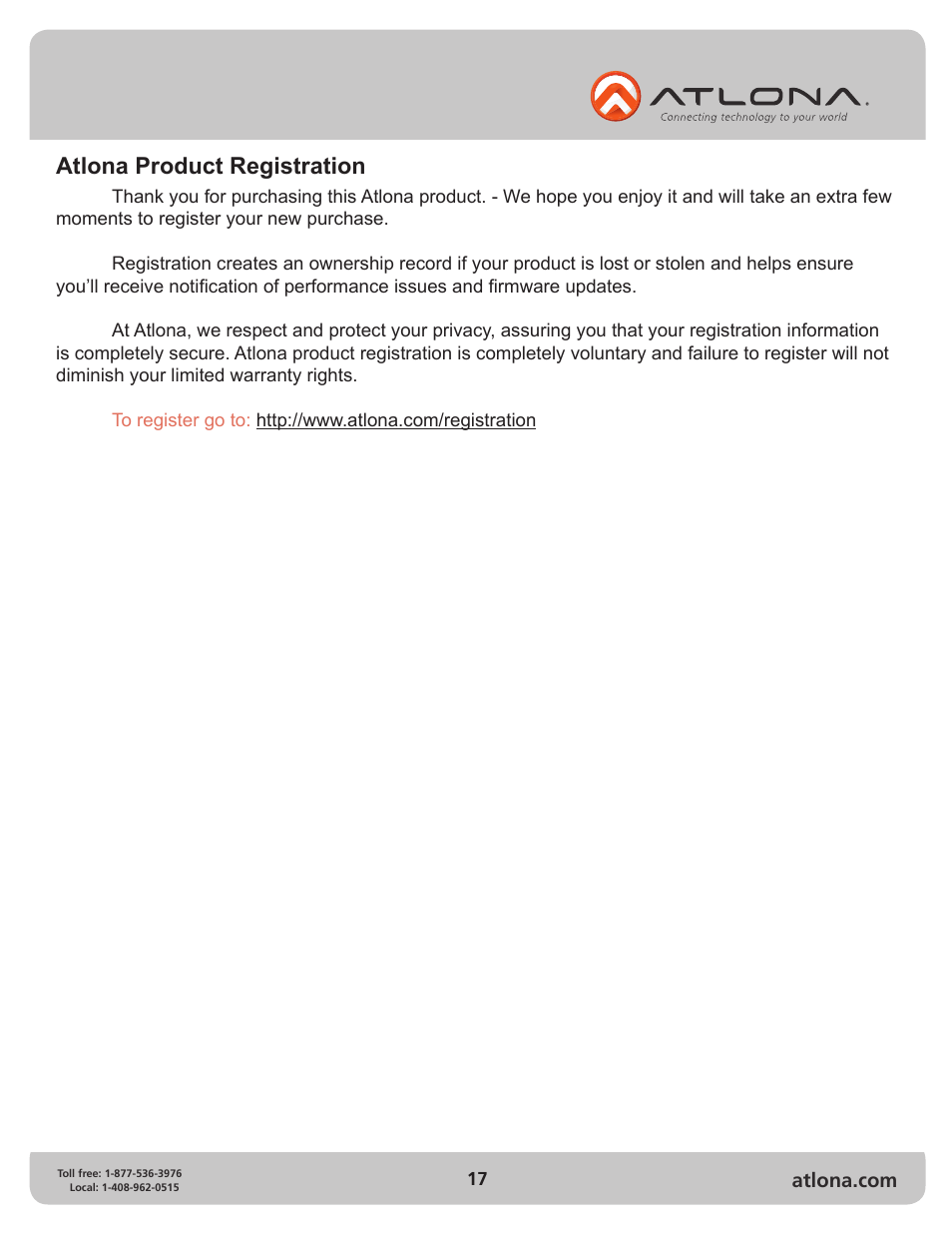 Atlona product registration | Atlona AT PRO2HD88M User Manual | Page 17 / 17