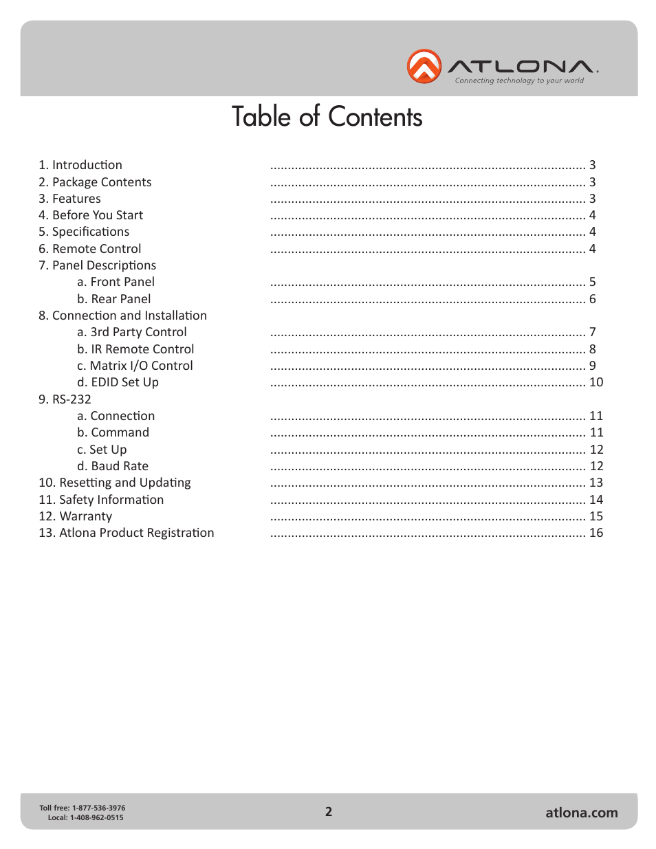 Atlona AT PRO2HD88M User Manual | Page 2 / 17