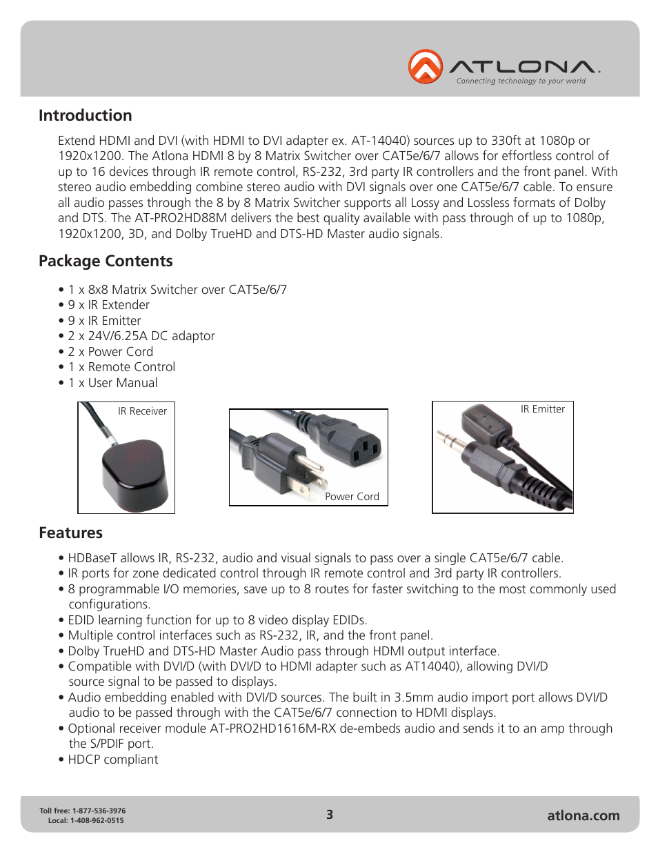 Introduction, Package contents features | Atlona AT PRO2HD88M User Manual | Page 3 / 17