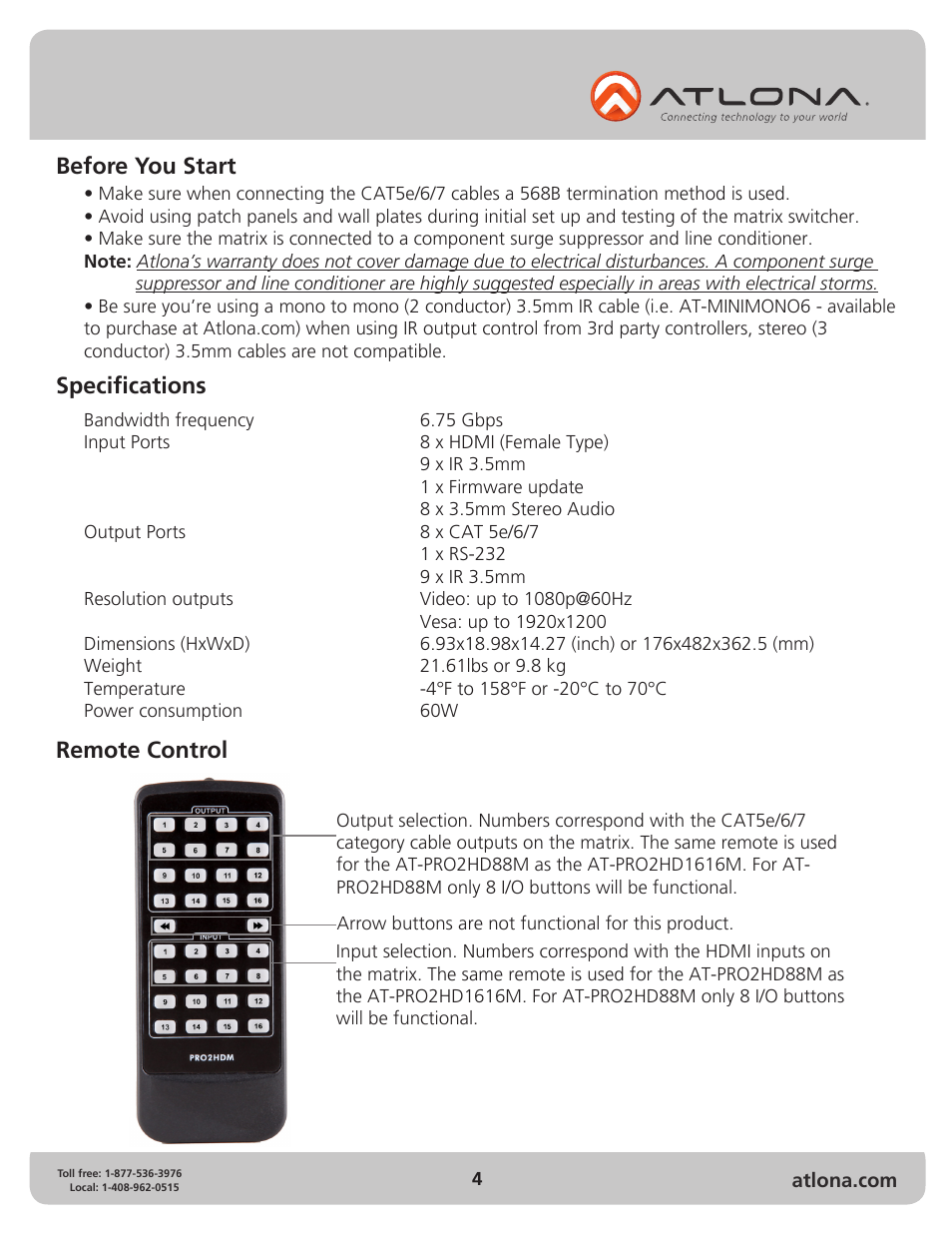 Specifications before you start remote control | Atlona AT PRO2HD88M User Manual | Page 4 / 17