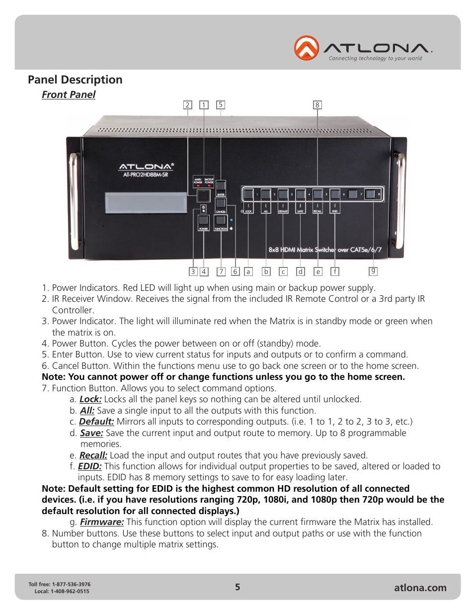 Panel description, Front panel | Atlona AT PRO2HD88M User Manual | Page 5 / 17