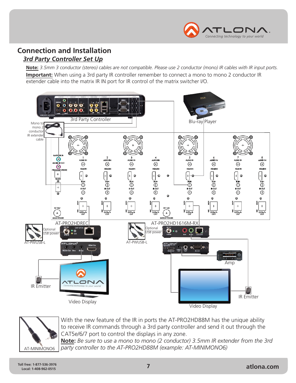 Connection and installation, 3rd party controller set up | Atlona AT PRO2HD88M User Manual | Page 7 / 17