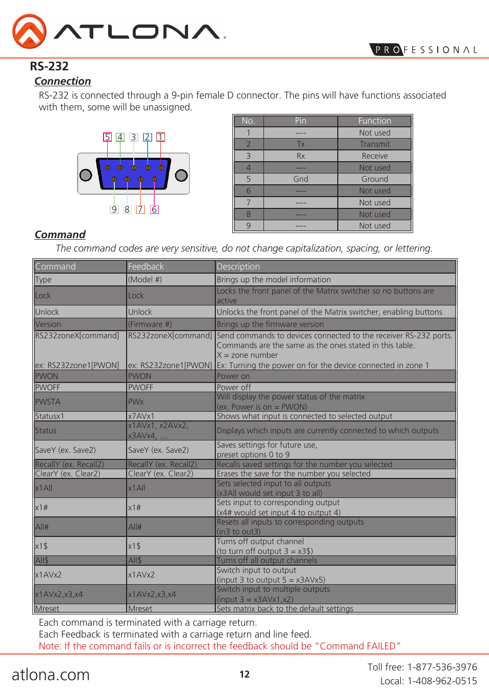 Rs-232, Command, Connection | Atlona AT PRO2HD88M V3 User Manual | Page 12 / 18