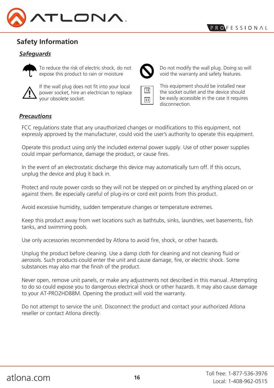 Safety information | Atlona AT PRO2HD88M V3 User Manual | Page 16 / 18