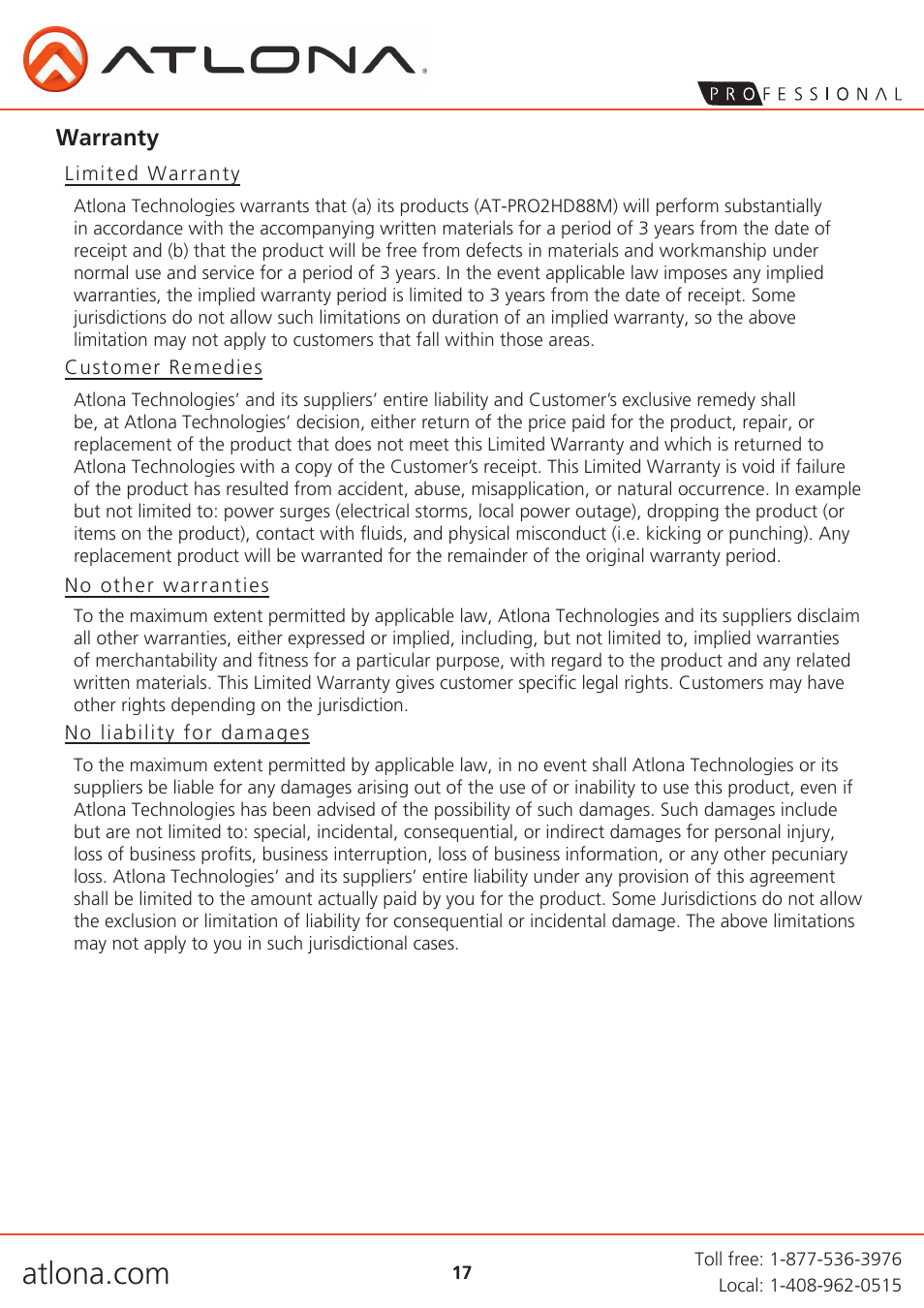 Atlona AT PRO2HD88M V3 User Manual | Page 17 / 18