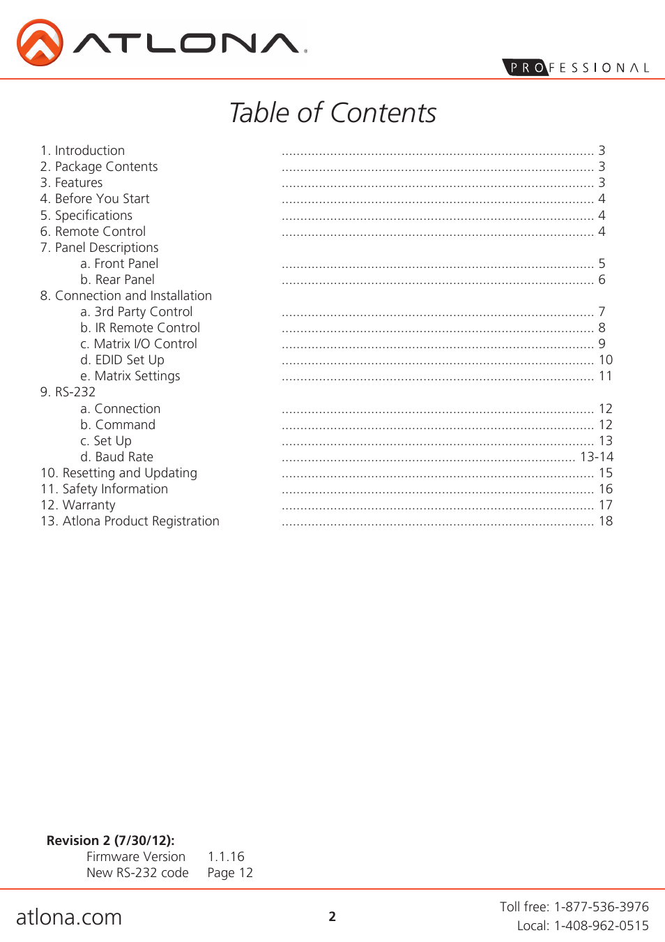 Atlona AT PRO2HD88M V3 User Manual | Page 2 / 18