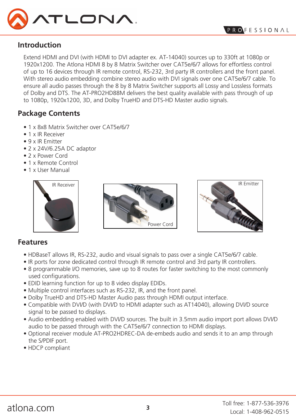 Introduction, Package contents features | Atlona AT PRO2HD88M V3 User Manual | Page 3 / 18