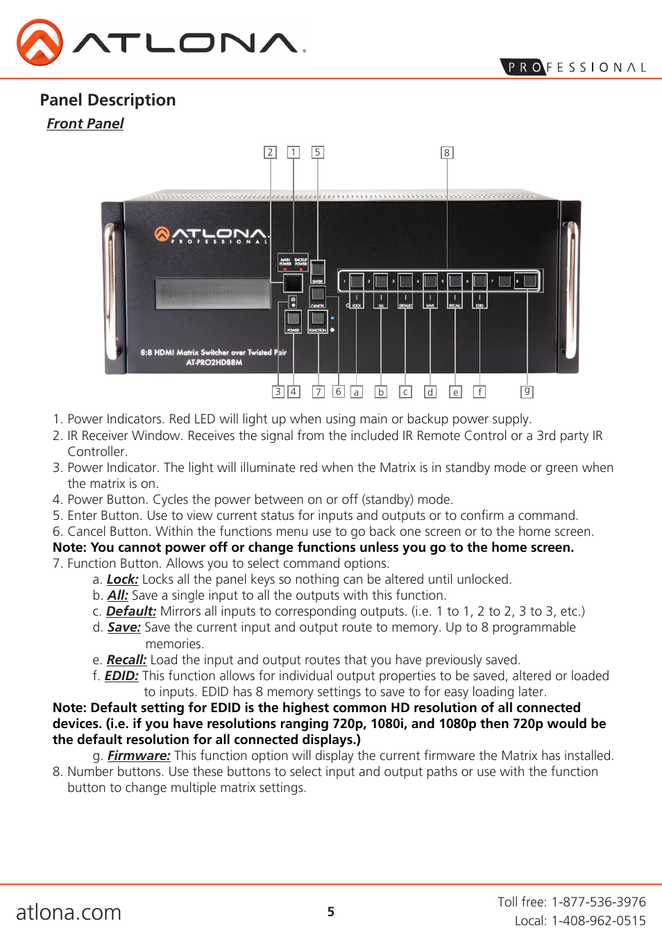 Panel description | Atlona AT PRO2HD88M V3 User Manual | Page 5 / 18