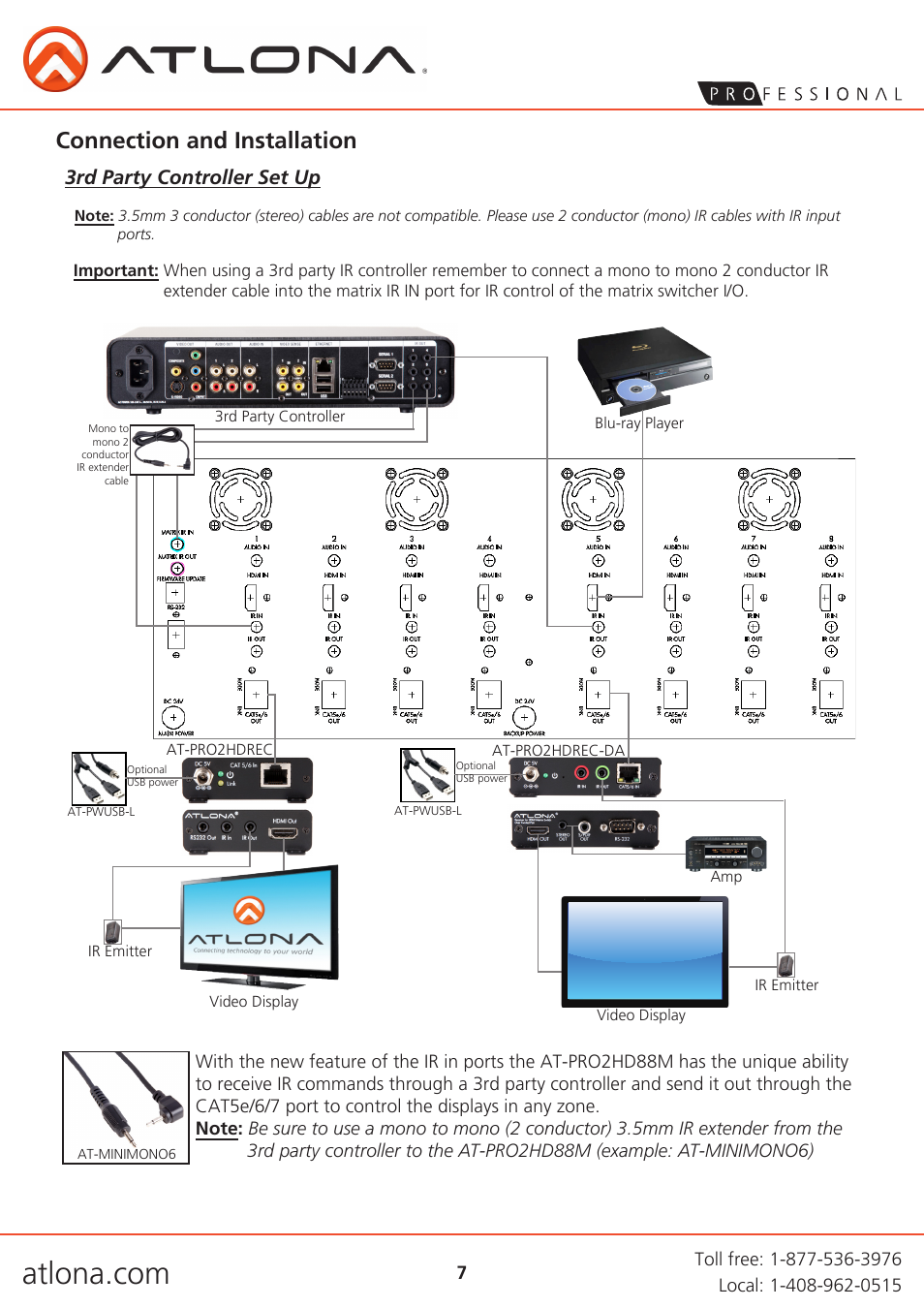 Connection and installation, 3rd party controller set up | Atlona AT PRO2HD88M V3 User Manual | Page 7 / 18