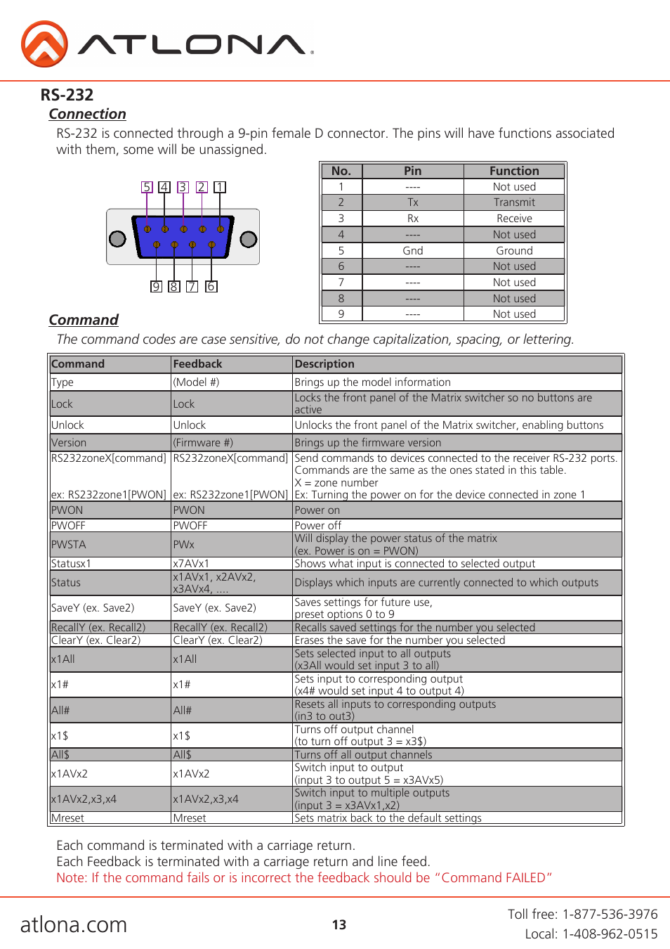 Rs-232, Command, Connection | Atlona AT PRO2HD V1 User Manual | Page 13 / 21