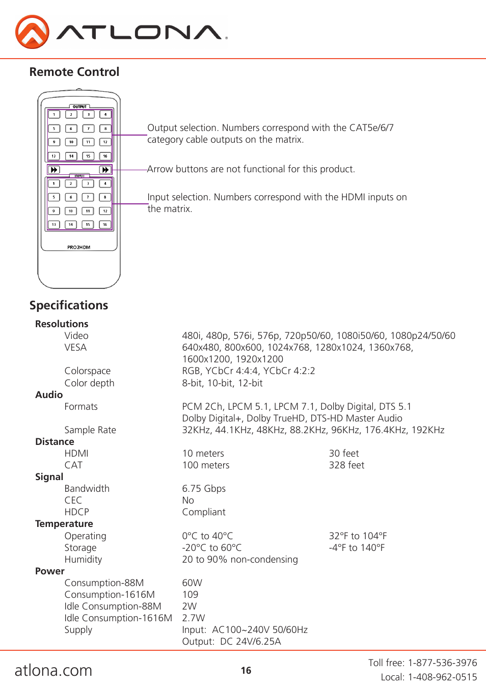 Remote control, Specifications | Atlona AT PRO2HD V1 User Manual | Page 16 / 21