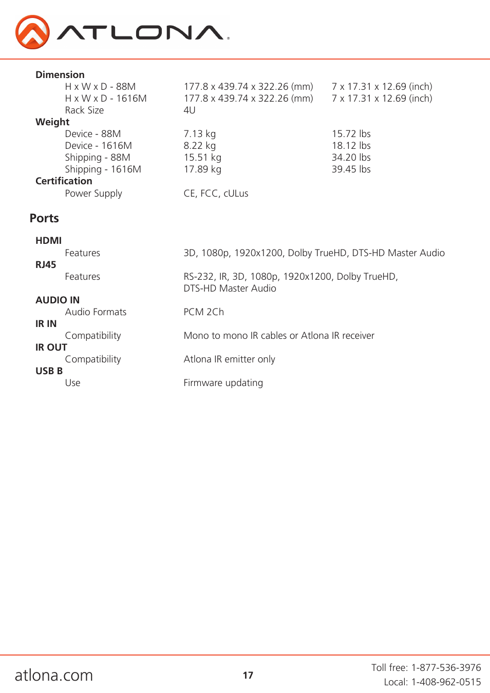 Ports | Atlona AT PRO2HD V1 User Manual | Page 17 / 21