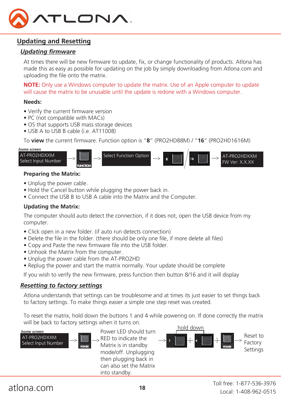 Updating and resetting | Atlona AT PRO2HD V1 User Manual | Page 18 / 21