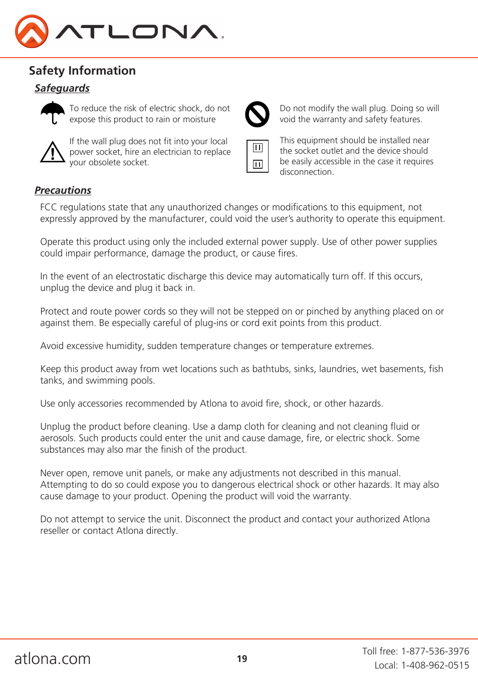 Safety information | Atlona AT PRO2HD V1 User Manual | Page 19 / 21