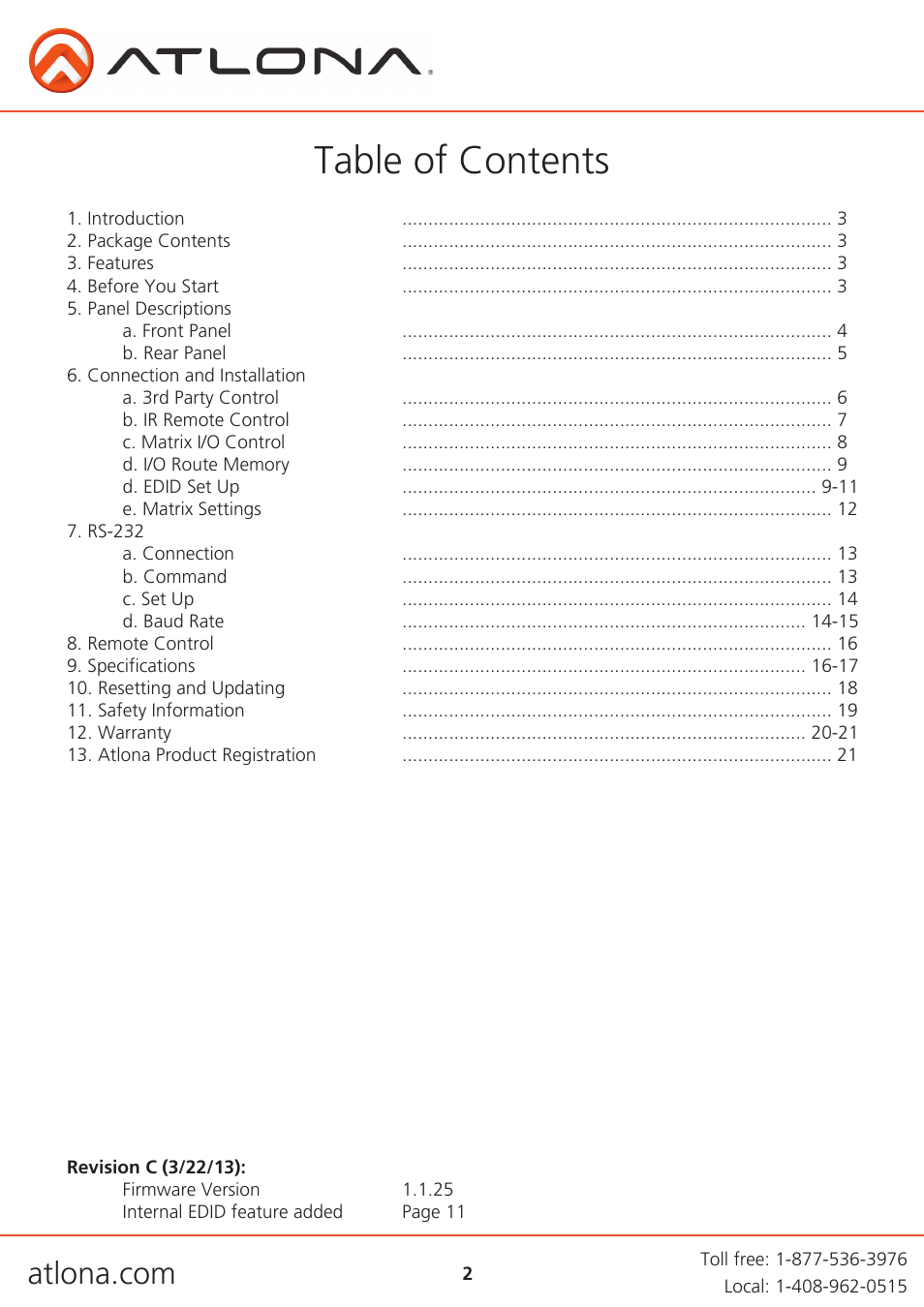 Atlona AT PRO2HD V1 User Manual | Page 2 / 21