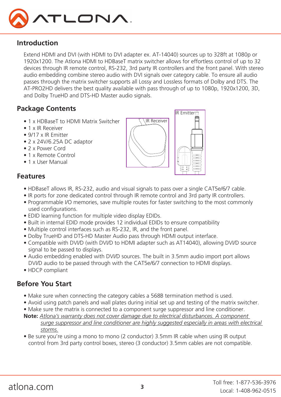 Introduction, Package contents features, Before you start | Atlona AT PRO2HD V1 User Manual | Page 3 / 21