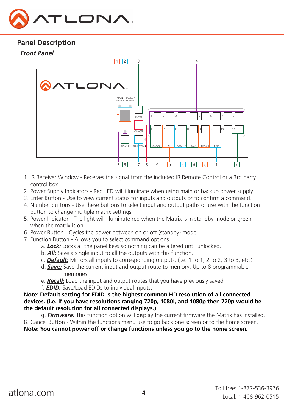 Panel description, Front panel | Atlona AT PRO2HD V1 User Manual | Page 4 / 21