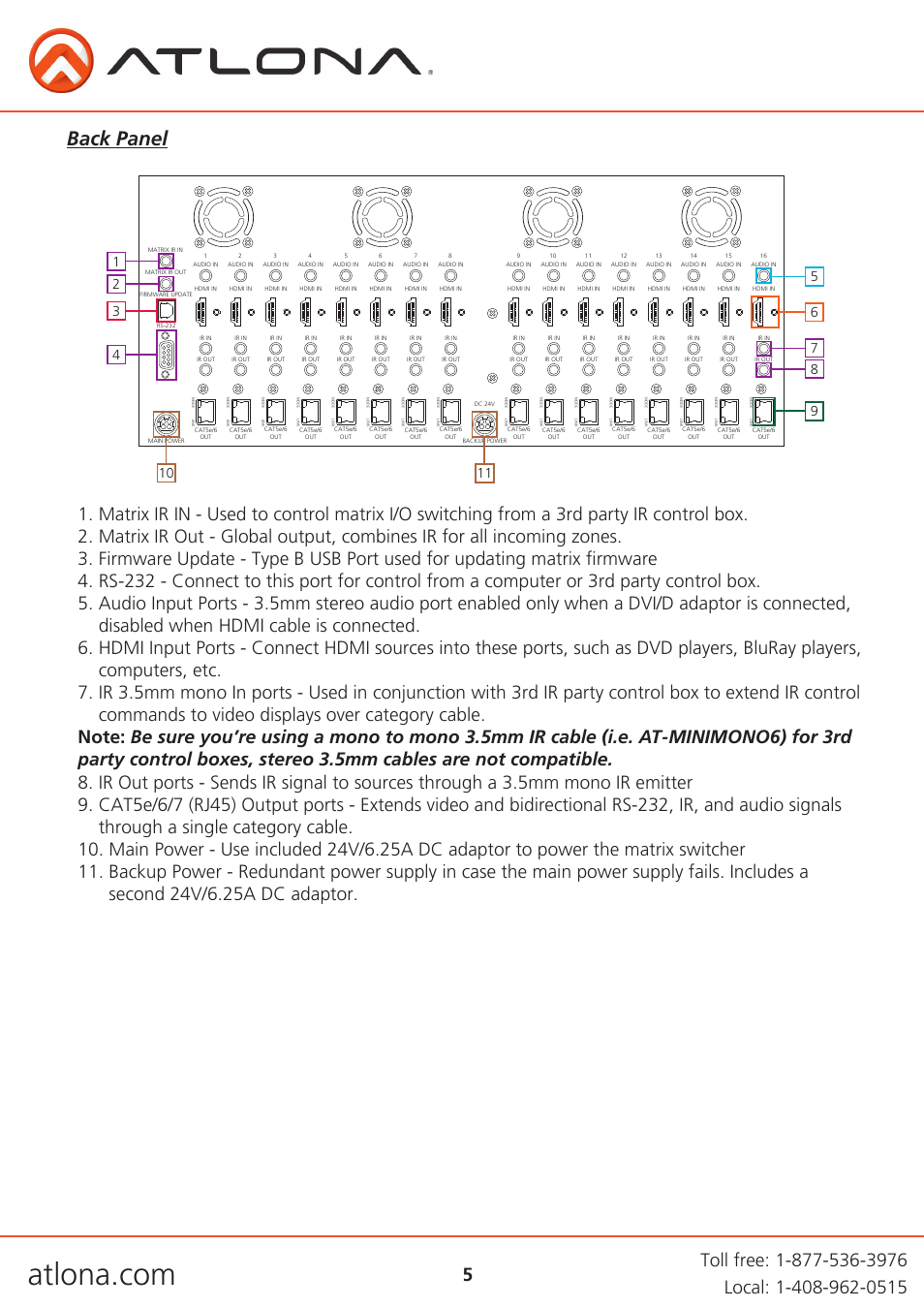 Back panel | Atlona AT PRO2HD V1 User Manual | Page 5 / 21