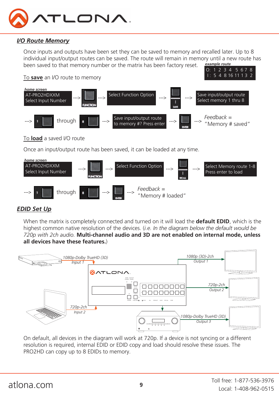 Edid set up, Through, 720p-2ch | Example route, Output 2 output 3 input 2, Output 1, Home screen | Atlona AT PRO2HD V1 User Manual | Page 9 / 21