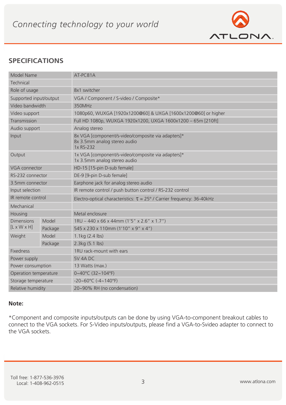 Specifications | Atlona AT PC81A User Manual | Page 4 / 14