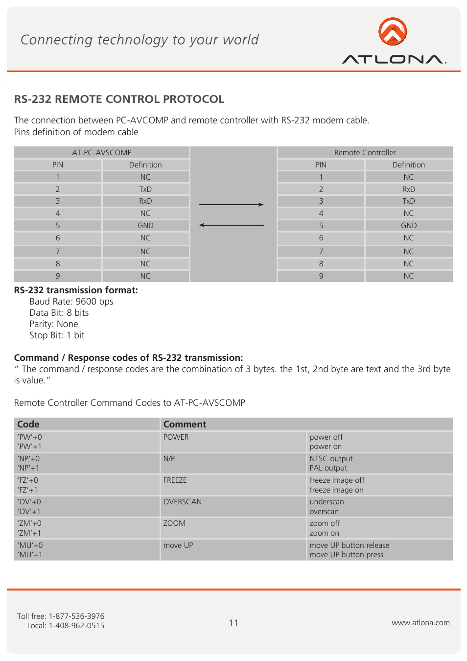Rs-232 remote control protocol | Atlona AT PC AVSCOMP User Manual | Page 12 / 17