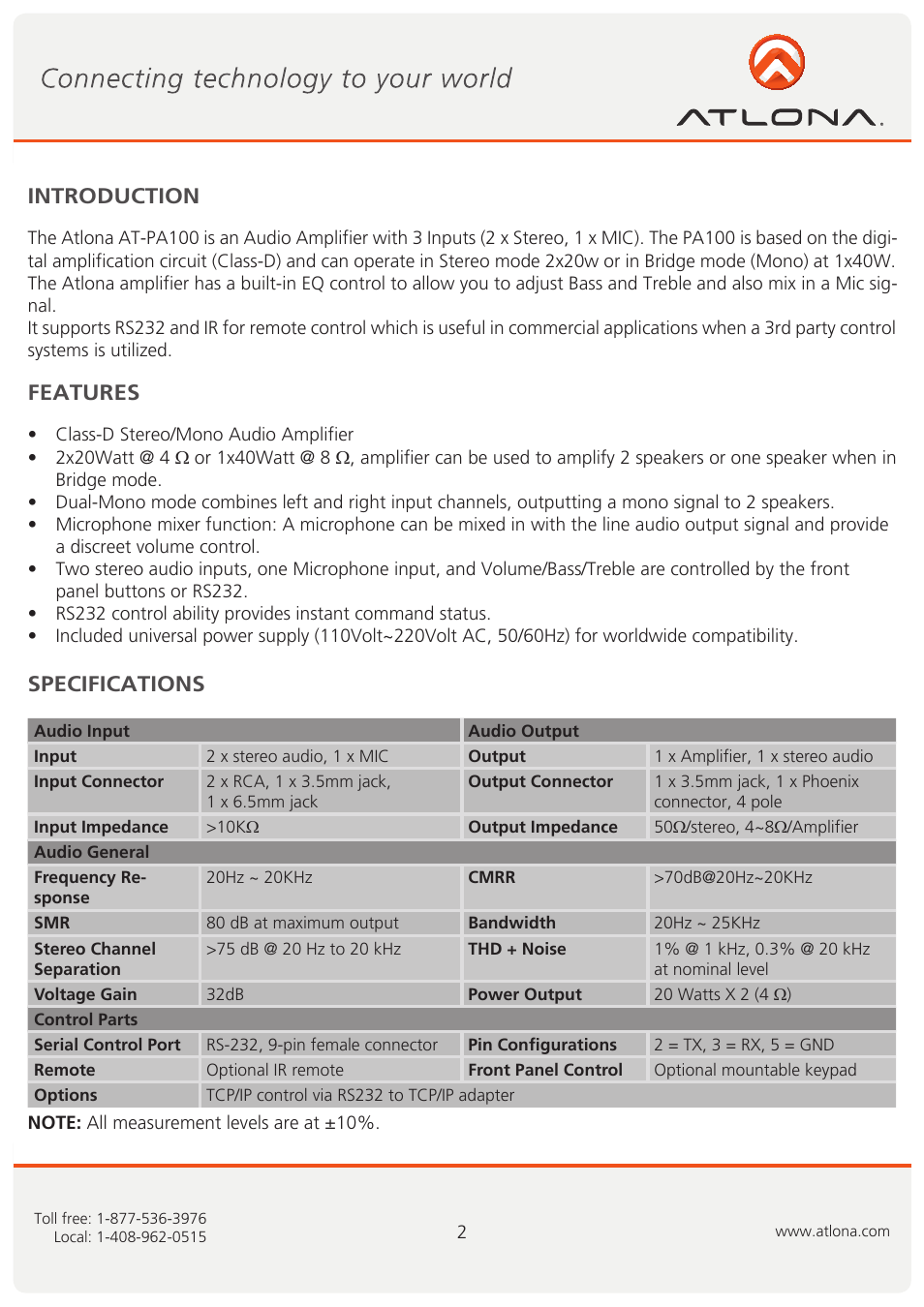 Introduction specifications features | Atlona AT PA100 User Manual | Page 3 / 10