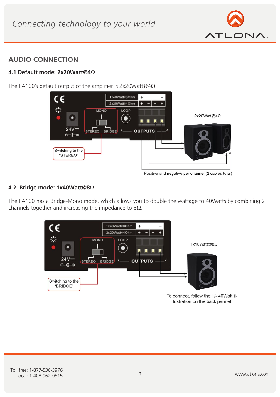 Audio connection | Atlona AT PA100 User Manual | Page 4 / 10