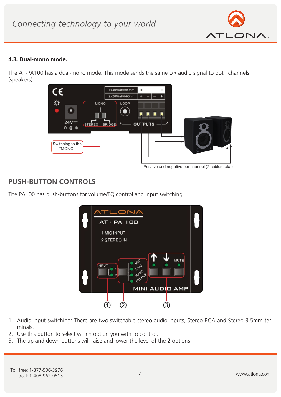 Push-button controls | Atlona AT PA100 User Manual | Page 5 / 10