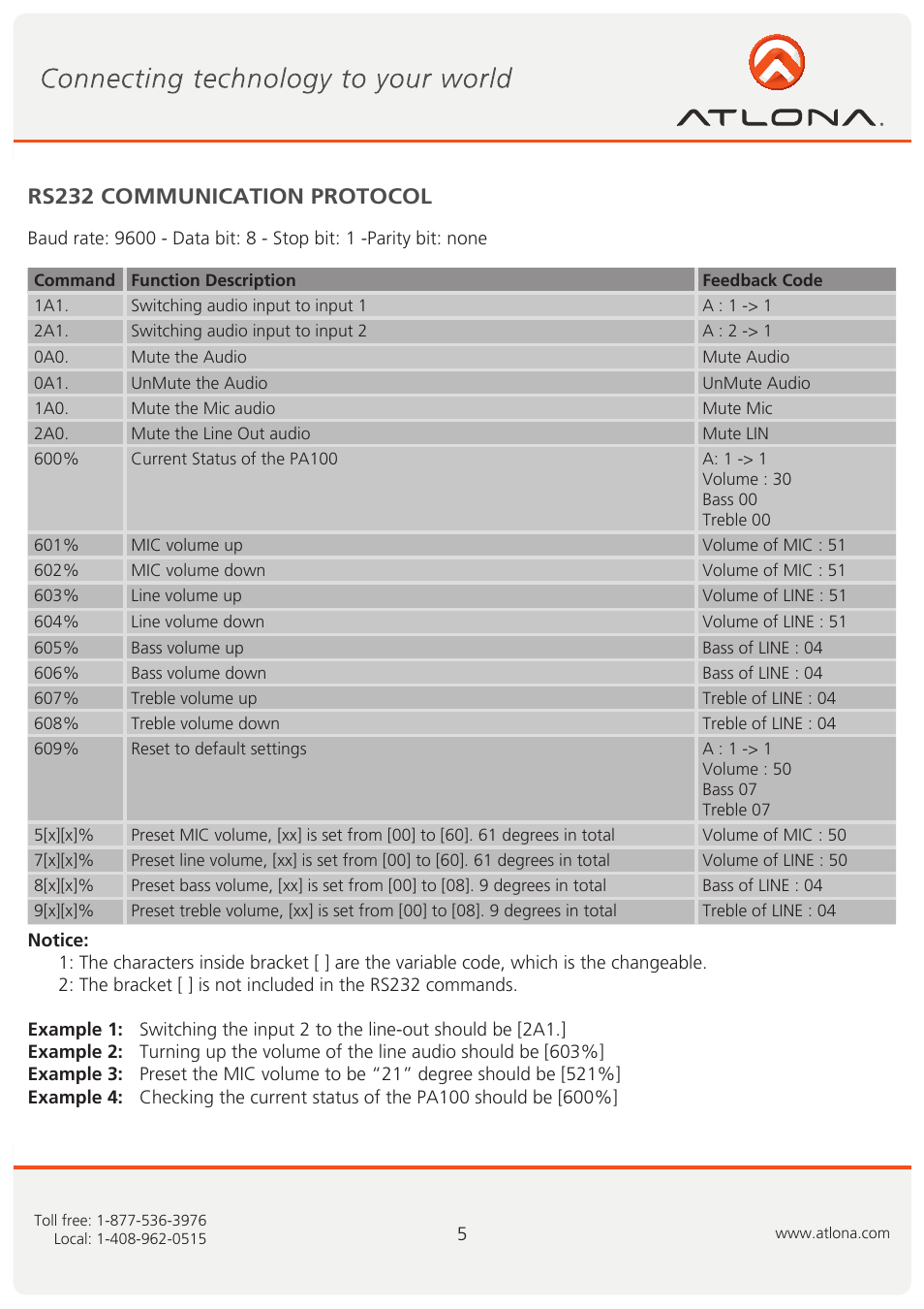 Rs232 communication protocol | Atlona AT PA100 User Manual | Page 6 / 10