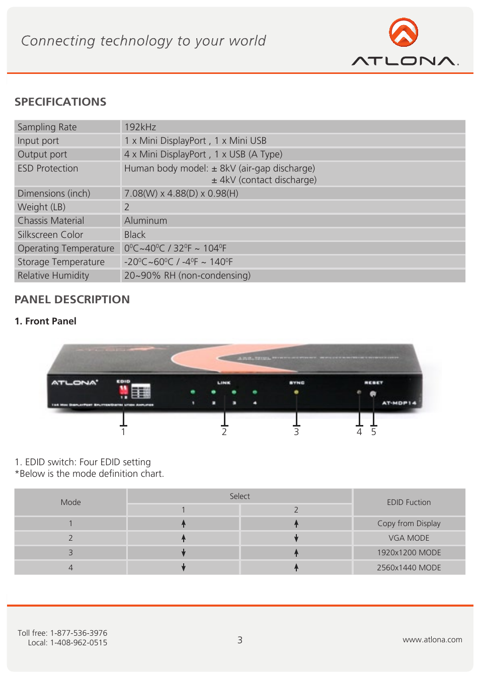 Specifications panel description | Atlona AT MDP14 User Manual | Page 4 / 9