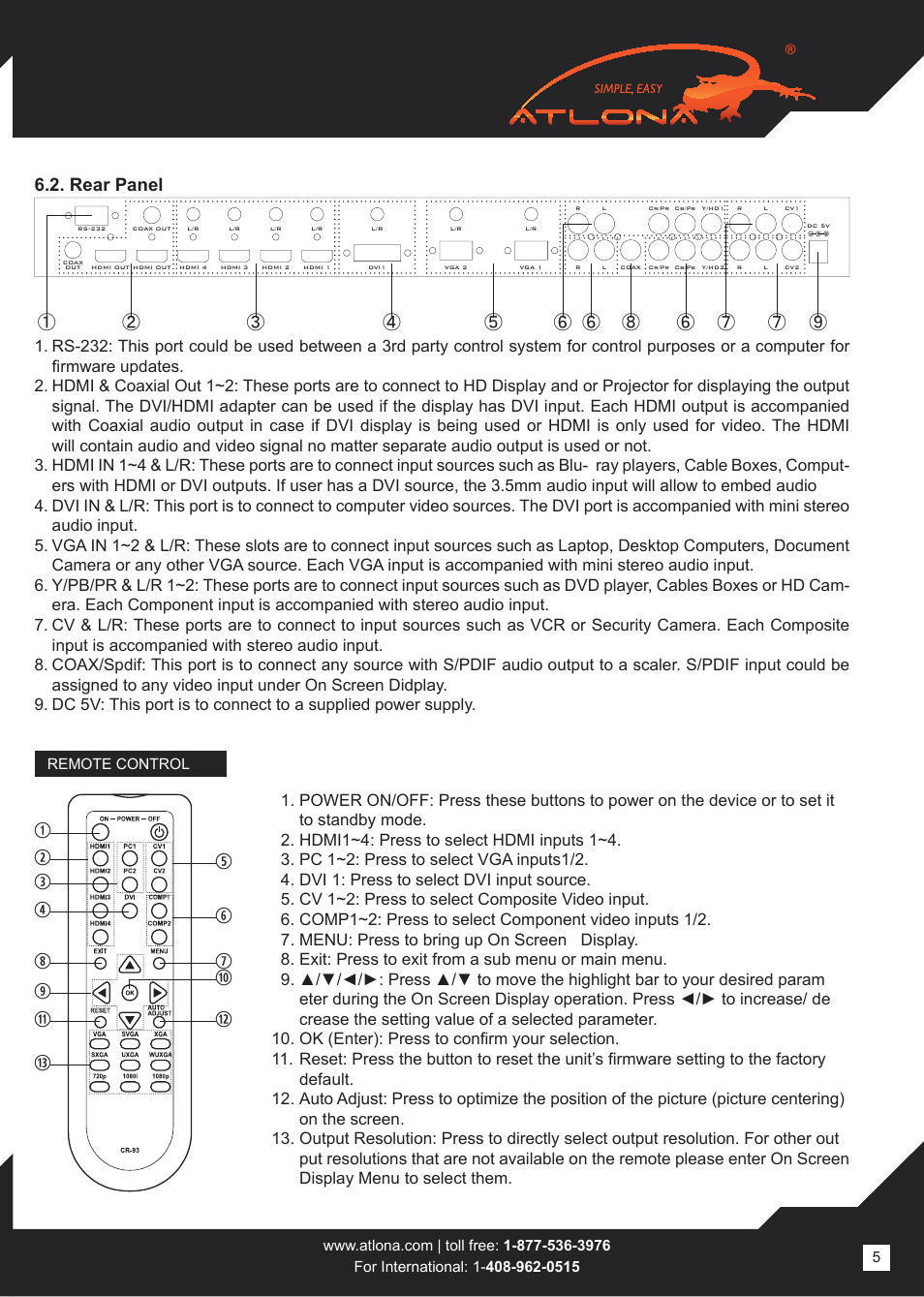 Rear panel | Atlona AT LINE PRO5 User Manual | Page 5 / 16