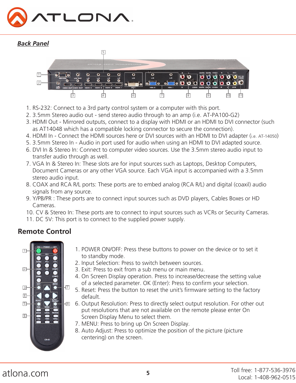 Remote control, Back panel | Atlona AT LINE PRO5 GEN2 V3 User Manual | Page 5 / 14