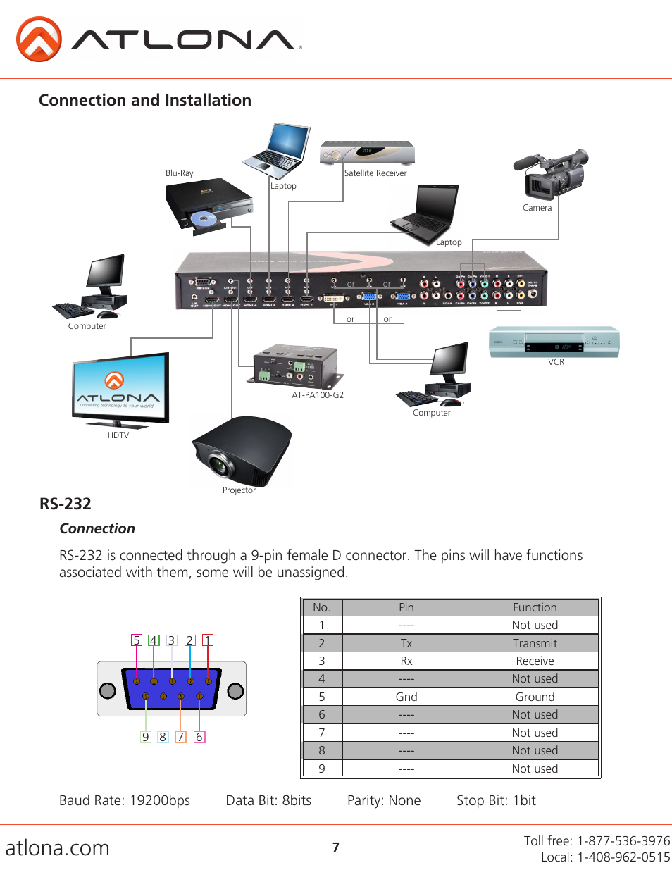Rs-232, Connection and installation | Atlona AT LINE PRO5 GEN2 V3 User Manual | Page 7 / 14