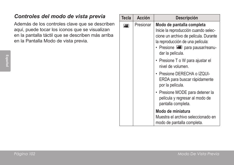 Controles del modo de vista previa | COBY SNAPP CAM4505 User Manual | Page 102 / 214