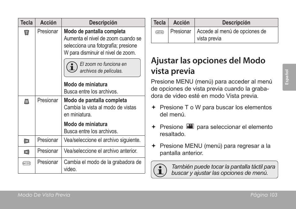 Ajustar las opciones del modo vista previa | COBY SNAPP CAM4505 User Manual | Page 103 / 214