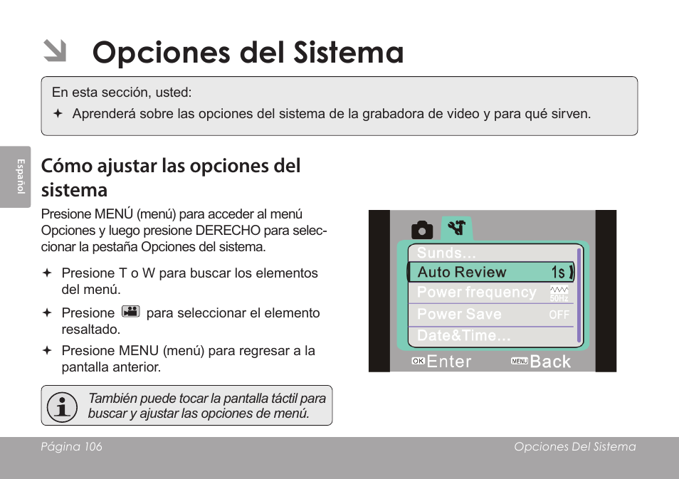 Opciones del sistema, Cómo ajustar las opciones del sistema | COBY SNAPP CAM4505 User Manual | Page 106 / 214