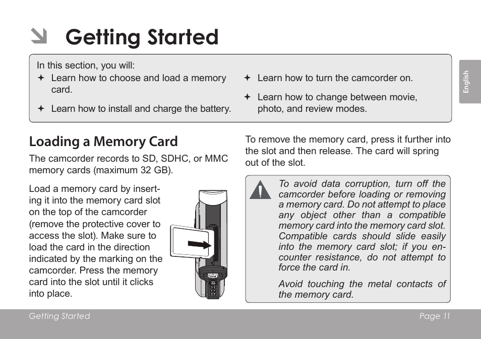 Getting started, Loading a memory card | COBY SNAPP CAM4505 User Manual | Page 11 / 214