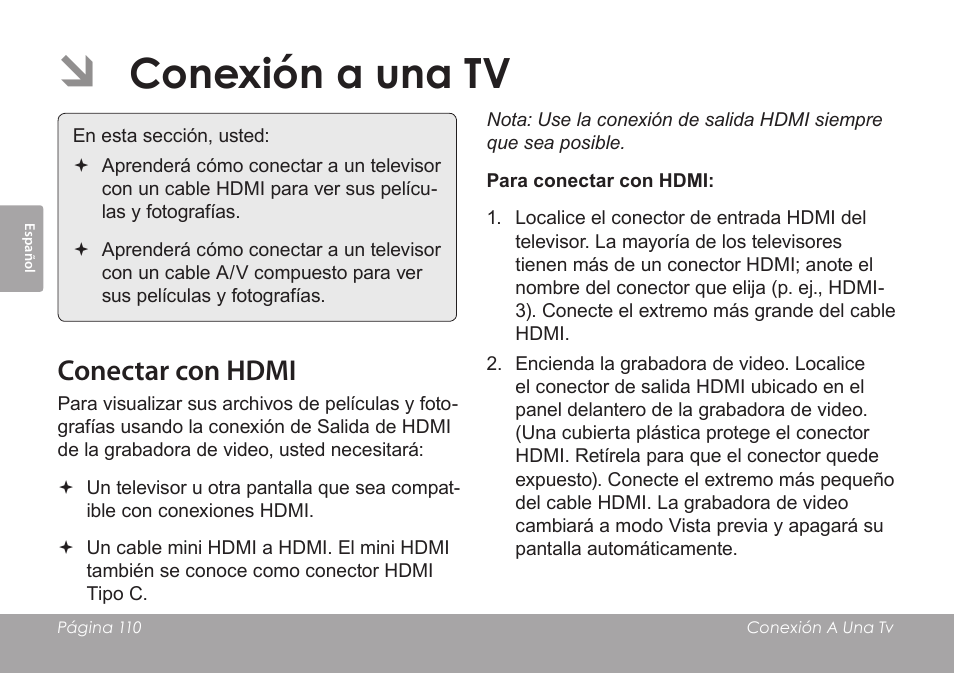 Conexión a una tv, Conectar con hdmi | COBY SNAPP CAM4505 User Manual | Page 110 / 214