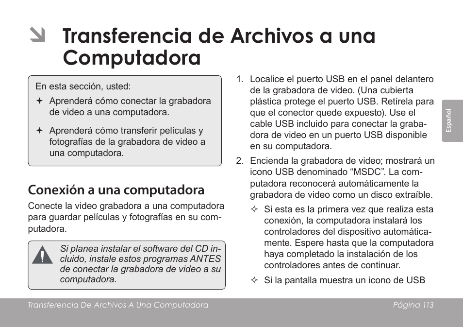 Transferencia de archivos a una computadora, Conexión a una computadora | COBY SNAPP CAM4505 User Manual | Page 113 / 214