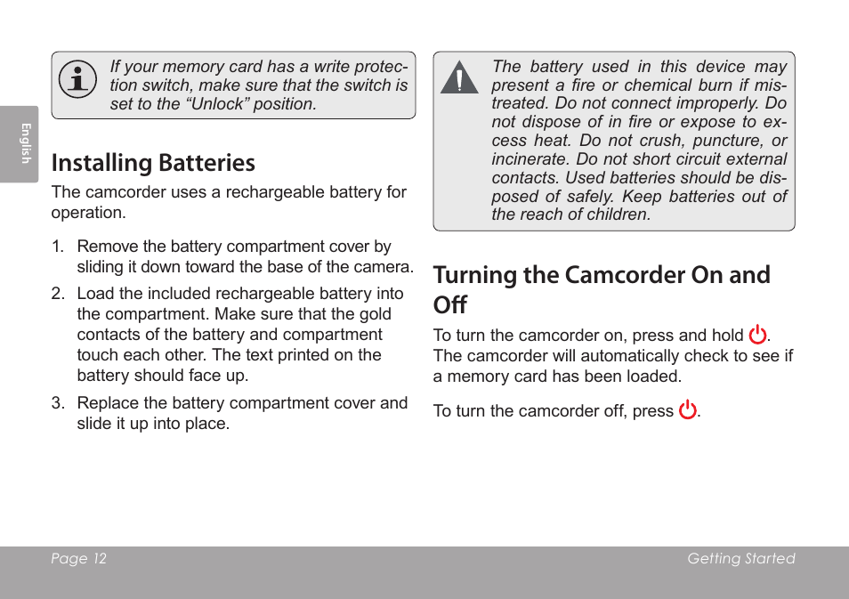 Installing batteries, Turning the camcorder on and off | COBY SNAPP CAM4505 User Manual | Page 12 / 214