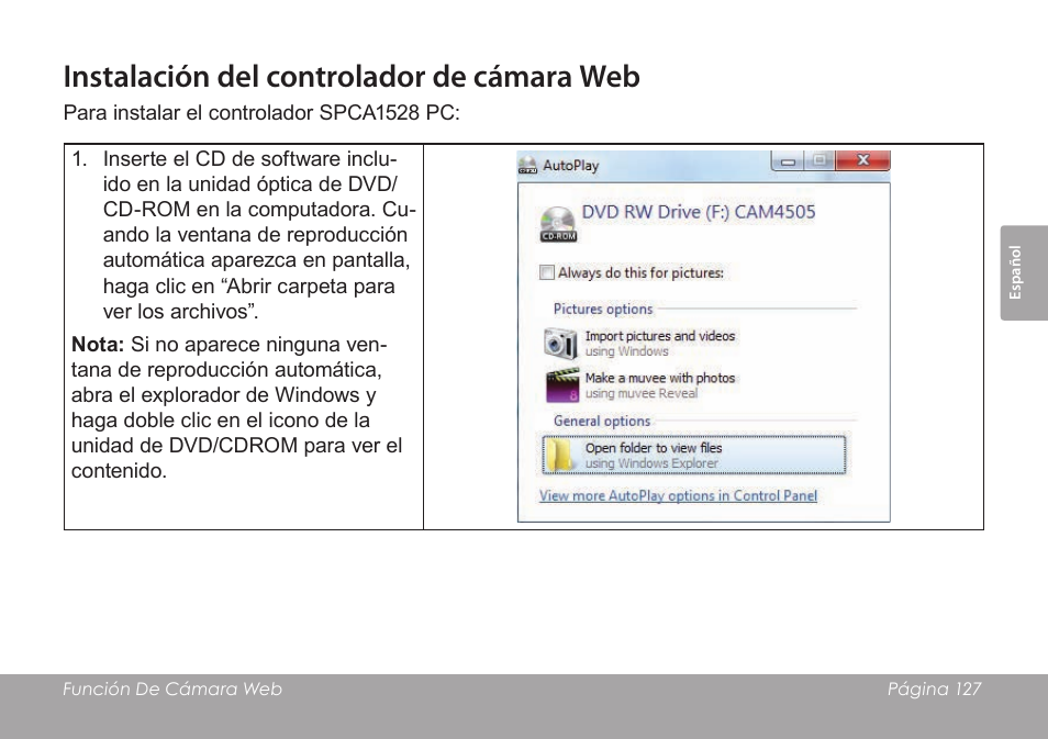 Instalación del controlador de cámara web | COBY SNAPP CAM4505 User Manual | Page 127 / 214