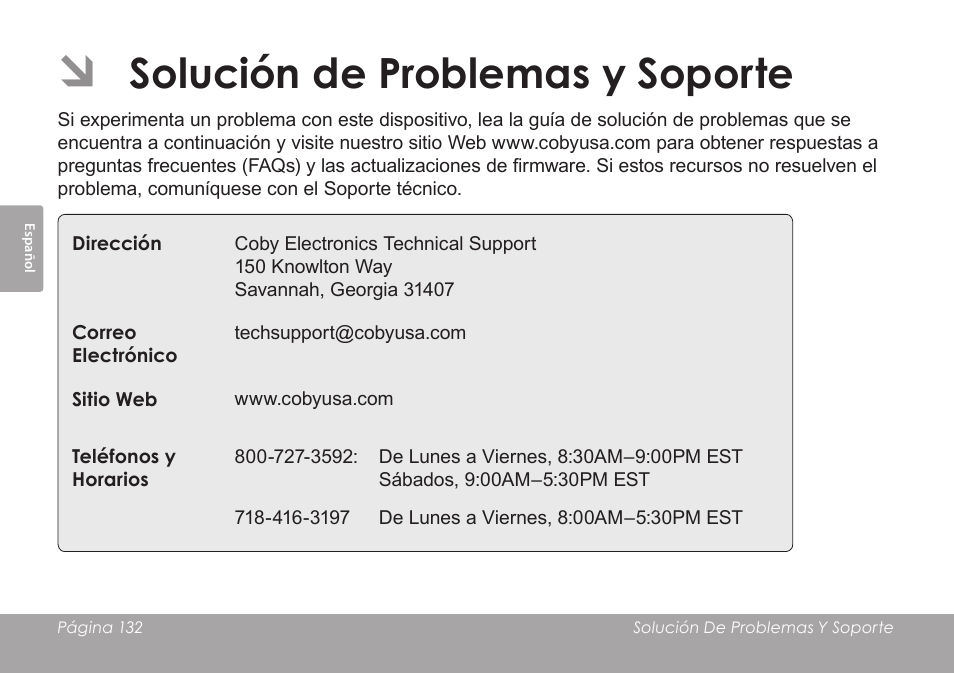 Solución de problemas y soporte | COBY SNAPP CAM4505 User Manual | Page 132 / 214