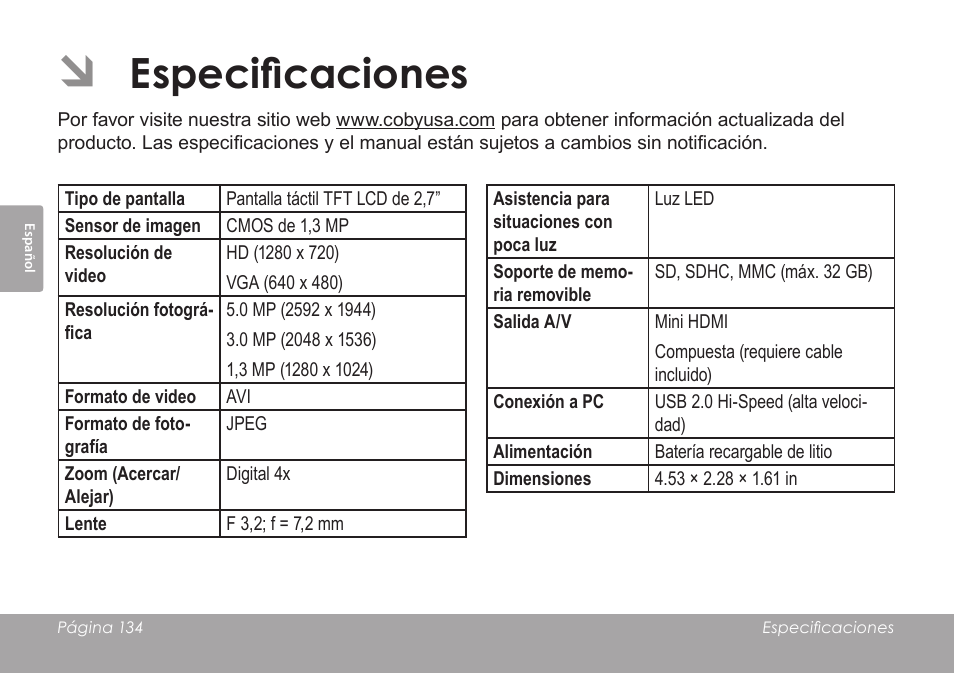 Especificaciones | COBY SNAPP CAM4505 User Manual | Page 134 / 214