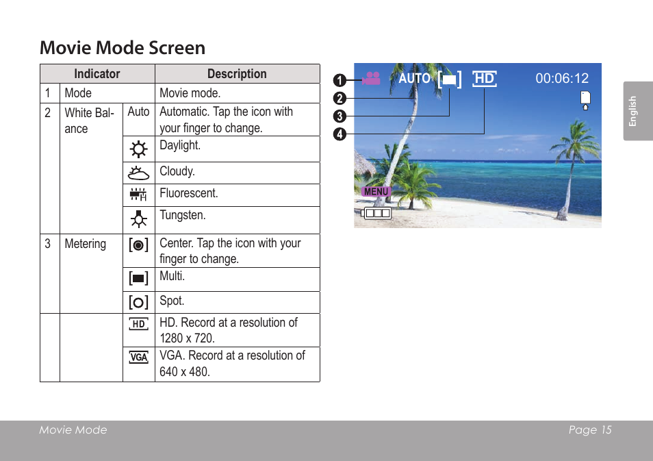 Movie mode screen | COBY SNAPP CAM4505 User Manual | Page 15 / 214