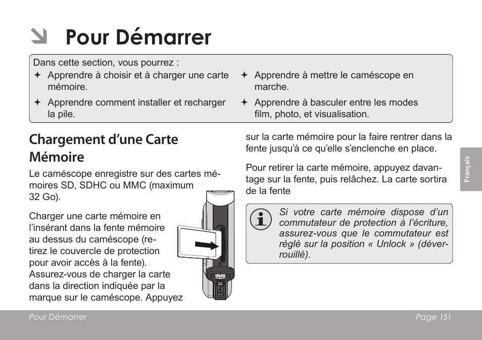Pour démarrer, Chargement d’une carte mémoire | COBY SNAPP CAM4505 User Manual | Page 151 / 214