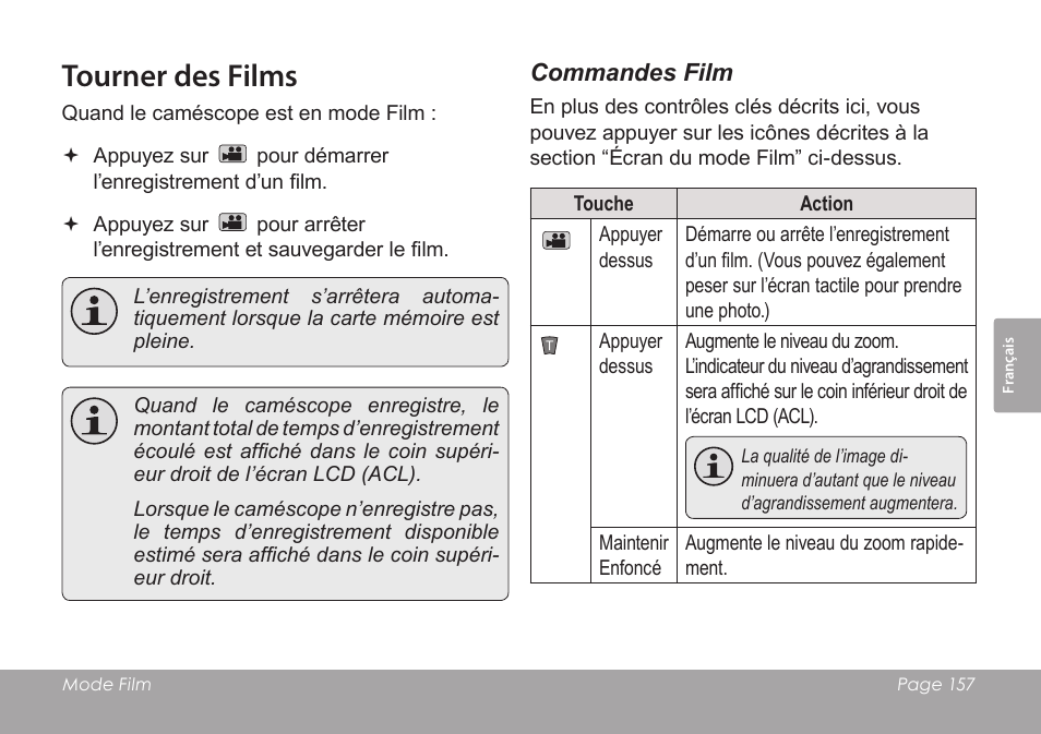 Tourner des films, Commandes film | COBY SNAPP CAM4505 User Manual | Page 157 / 214