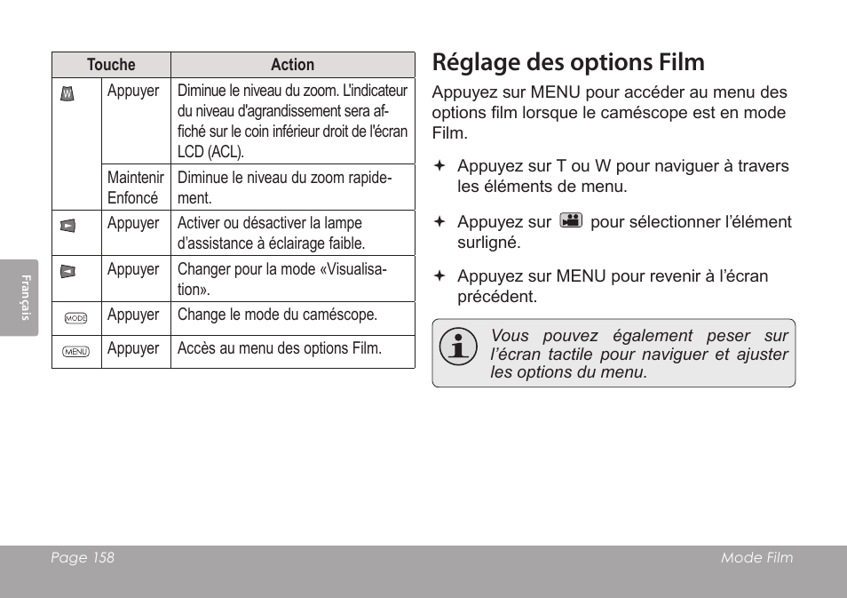 Réglage des options film | COBY SNAPP CAM4505 User Manual | Page 158 / 214
