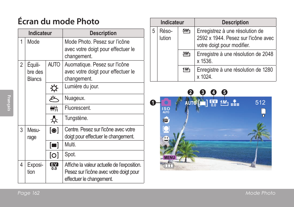 Écran du mode photo | COBY SNAPP CAM4505 User Manual | Page 162 / 214