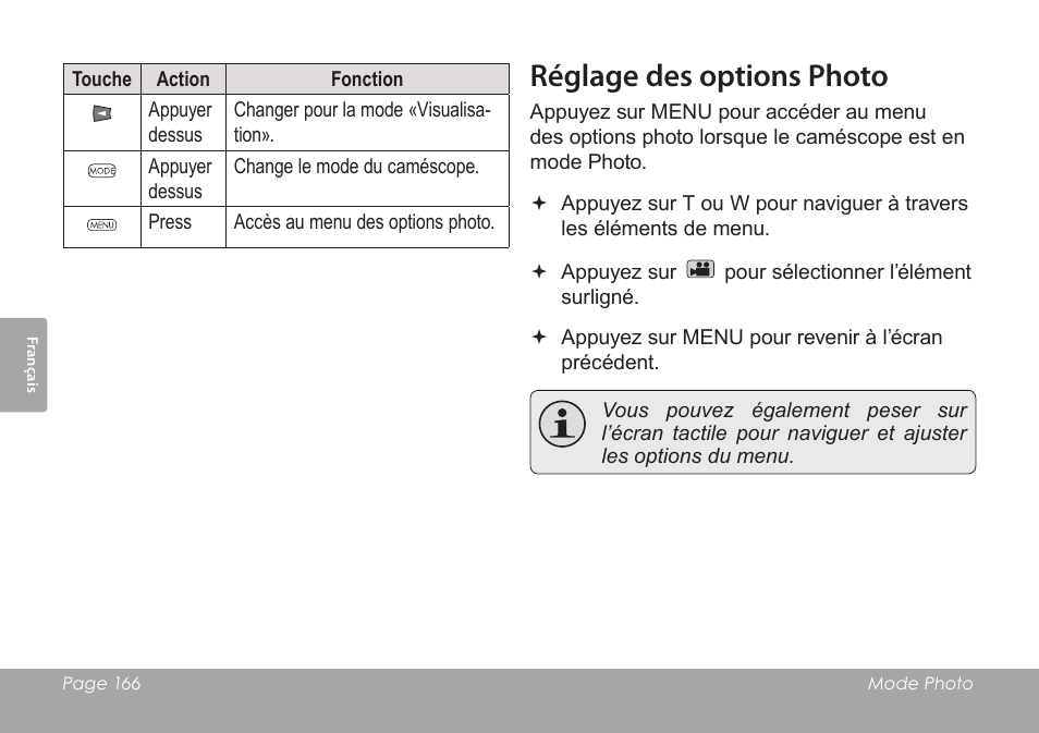 Réglage des options photo | COBY SNAPP CAM4505 User Manual | Page 166 / 214