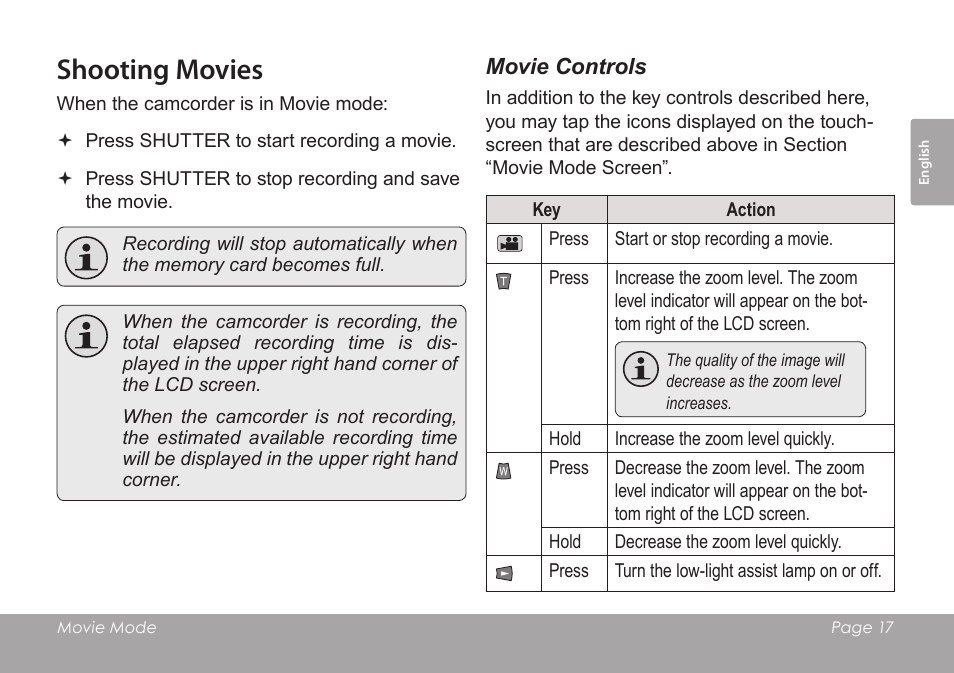 Shooting movies, Movie controls | COBY SNAPP CAM4505 User Manual | Page 17 / 214